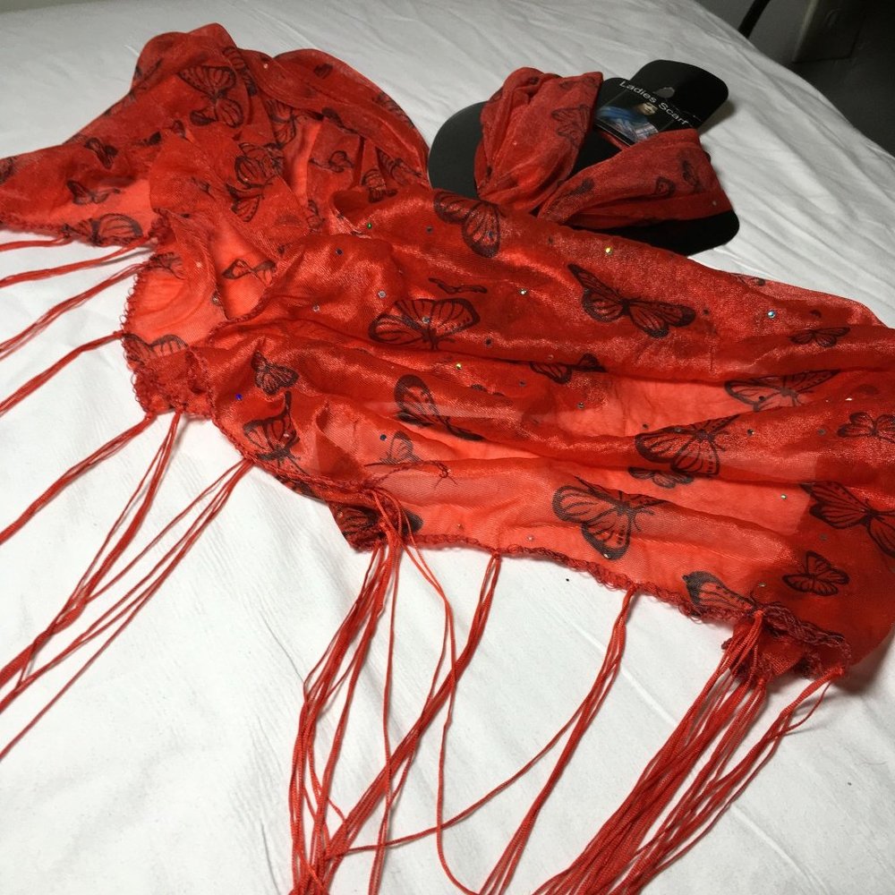 Red with Butterfly Brand New Designer Women's Scarf with Tassels